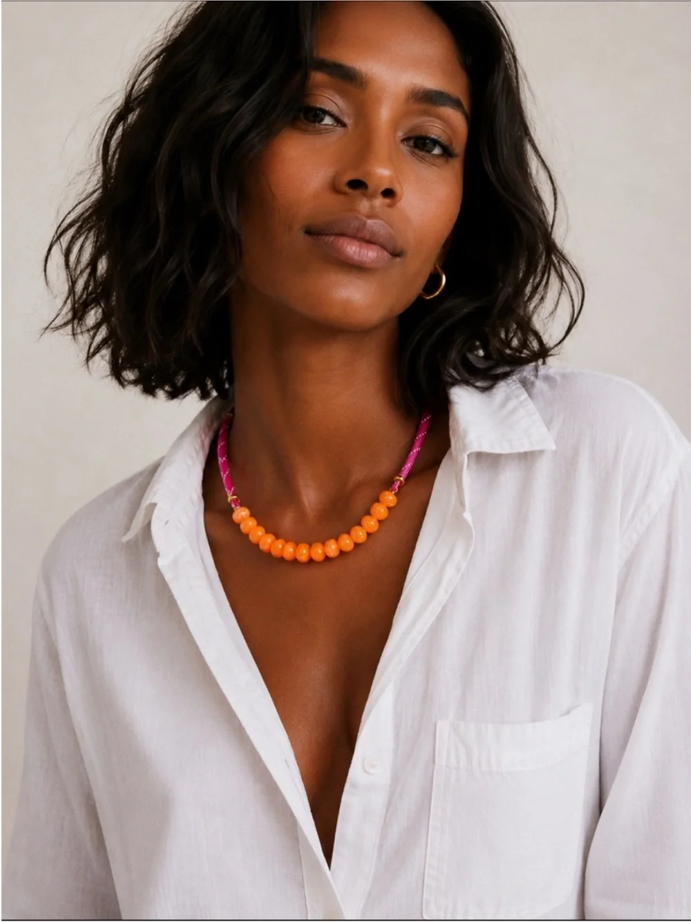 New! Colorful Preppy Pink Cord Orange Bead Dopamine Necklace NWOT 4022